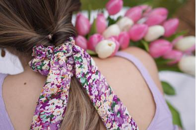 Chouchou Ruban Yvette Fleuri Mauve 2