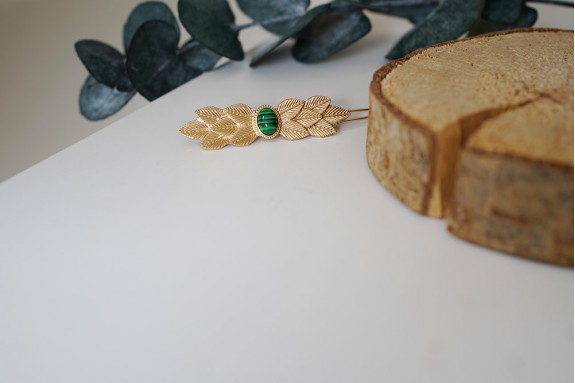 Barrette Feuillage Dorée et Pierre Verte Albana