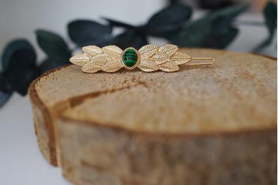 Barrette Feuillage Dorée et Pierre Verte Albana
